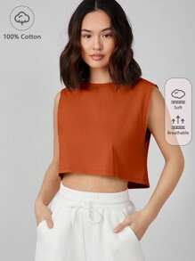 SHEIN BASICS 女士休闲无袖露脐上衣，简约纯色，适合夏季日常通勤 - 鏽棕色 - 查看 5