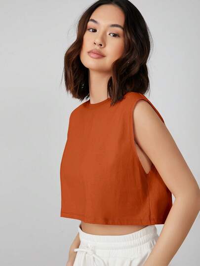 SHEIN BASICS Women's Casual Sleeveless Crop Top Suitable For Daily Commute In Summer Summer Tops Everyday Daytime Burnt Orange Gym