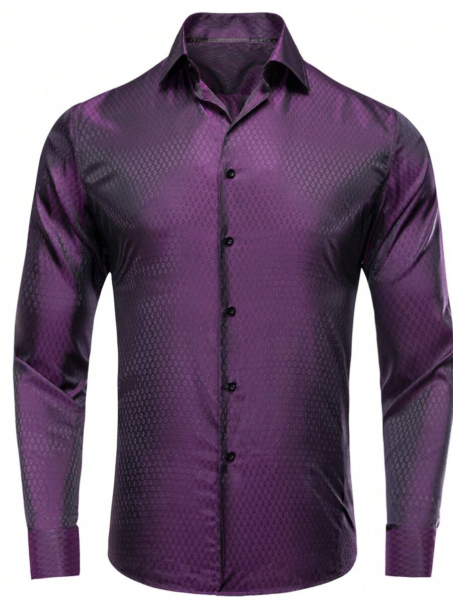 男士提花前排扣襯衫 - 紫色 - 查看 1