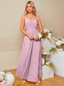 SHEIN Belle 前收褶百褶下擺吊帶裙伴娘禮服 - 紫丁香色 - 查看 1