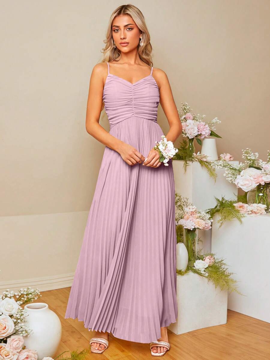 SHEIN Belle 前收褶百褶下擺吊帶裙伴娘禮服 - 紫丁香色 - 查看 1