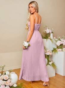 SHEIN Belle 前收褶百褶下擺吊帶裙伴娘禮服 - 紫丁香色 - 查看 2