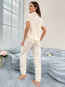 Floral Print Contrast Binding PJ Set - Beige - View 2