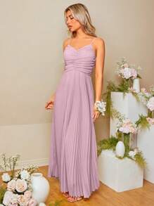 SHEIN Belle 前收褶百褶下擺吊帶裙伴娘禮服 - 紫丁香色 - 查看 3