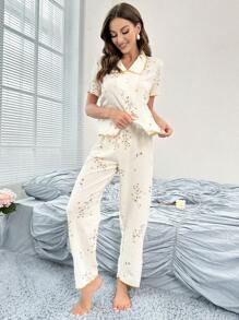 Floral Print Contrast Binding PJ Set - Beige - View 3