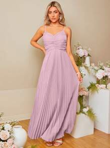 SHEIN Belle 前收褶百褶下擺吊帶裙伴娘禮服 - 紫丁香色 - 查看 4
