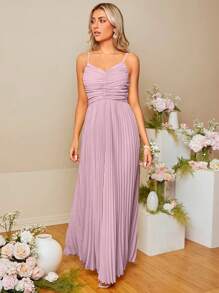 SHEIN Belle 前收褶百褶下擺吊帶裙伴娘禮服 - 紫丁香色 - 查看 5