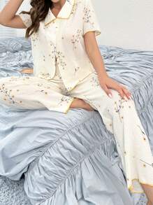 Floral Print Contrast Binding PJ Set - Beige - View 5