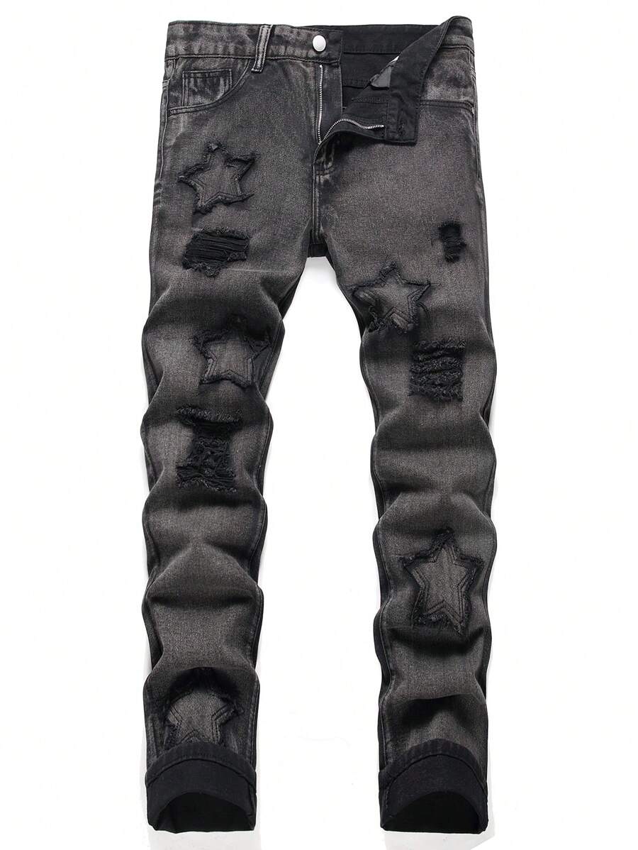 Men Ripped Frayed Bleach Wash Jeans - Black - View 1