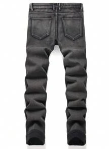 Men Ripped Frayed Bleach Wash Jeans - Black - View 2