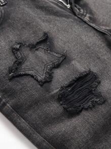 Men Ripped Frayed Bleach Wash Jeans - Black - View 3