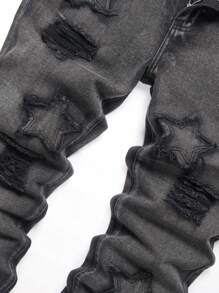 Men Ripped Frayed Bleach Wash Jeans - Black - View 5