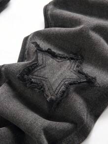 Men Ripped Frayed Bleach Wash Jeans - Black - View 6