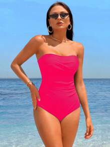 Swim Vcay Summer Beach Ruched Bandeau One Piece Swimsuit - Hot Pink - View 3