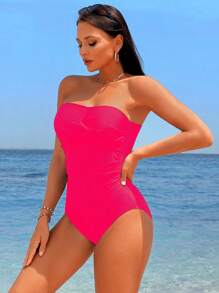 Swim Vcay Summer Beach Ruched Bandeau One Piece Swimsuit - Hot Pink - View 4
