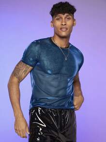 FeverCity 男士素色透視網紗T恤 - 藍色 - 查看 4