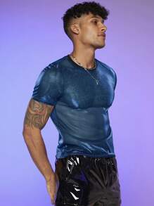 FeverCity 男士素色透視網紗T恤 - 藍色 - 查看 6