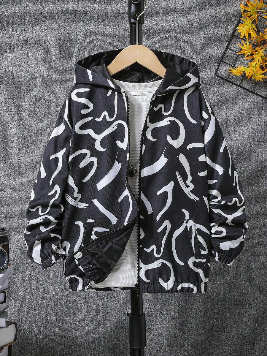 SHEIN Con trai 1 Miếng In Toàn bộ áo có mũ Áo khoác - Đen và trắng - Xem 1