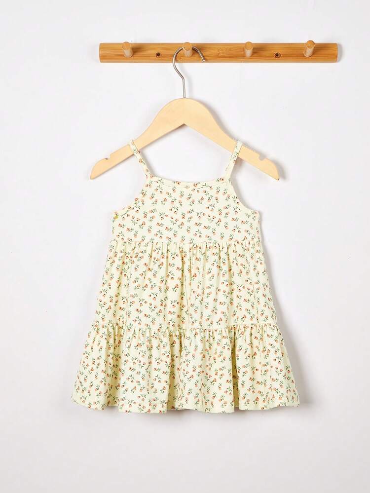 Baby Girl Floral And Solid Color Two Pieces Strap Dress Set