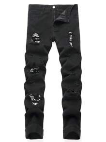 Men's Distressed Faded Slim Fit Jeans - Black - View 1