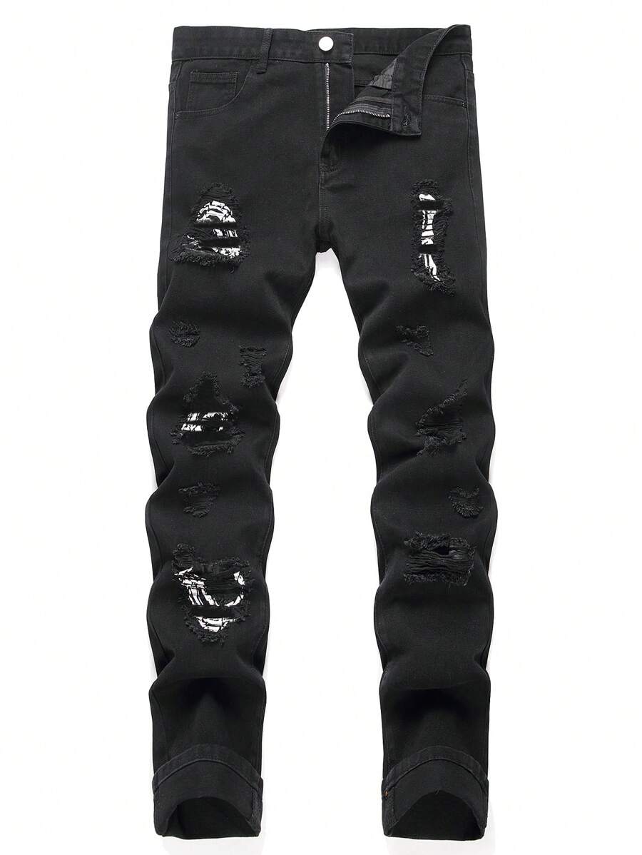 Men's Distressed Faded Slim Fit Jeans - Black - View 1