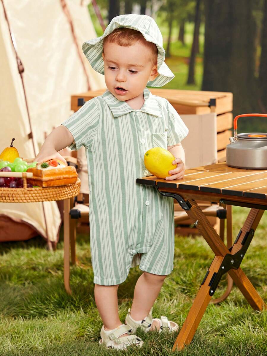 男嬰條紋印花口袋貼布連身短褲和帽 - 綠色 - 查看 1