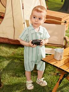 男嬰條紋印花口袋貼布連身短褲和帽 - 綠色 - 查看 3
