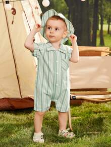 男嬰條紋印花口袋貼布連身短褲和帽 - 綠色 - 查看 4