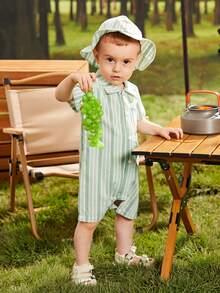 男嬰條紋印花口袋貼布連身短褲和帽 - 綠色 - 查看 5