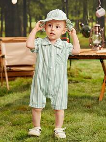 男嬰條紋印花口袋貼布連身短褲和帽 - 綠色 - 查看 6