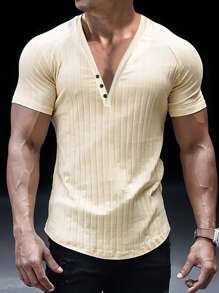 Manfinity Homme Men Ribbed Knit Raglan Sleeve Half Button Tee - Yellow - View 1