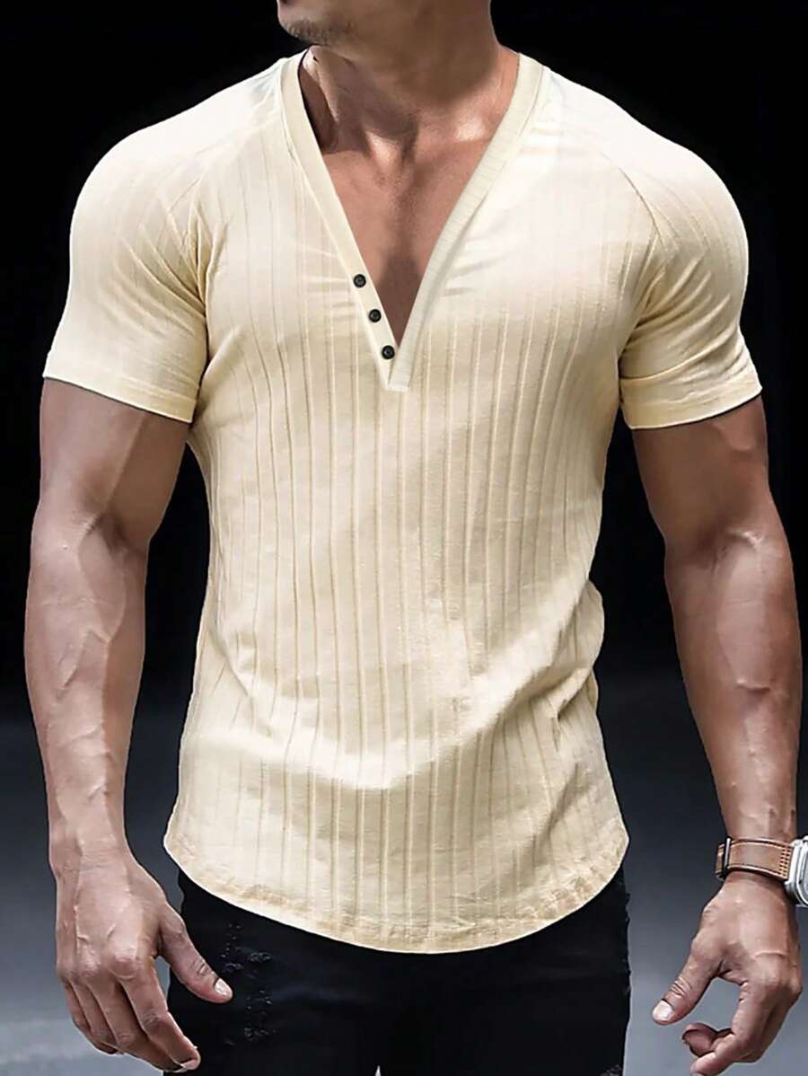 Manfinity Homme Men Ribbed Knit Raglan Sleeve Half Button Tee - Yellow - View 1