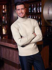 Korean Style Men's Autumn/Winter Vintage Coin Pattern Slim Fit High Neck Sweater, Ribbed Knit Cable Casual Long Sleeve Business Commute Pullover - Beige - View 4