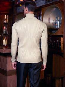 Korean Style Men's Autumn/Winter Vintage Coin Pattern Slim Fit High Neck Sweater, Ribbed Knit Cable Casual Long Sleeve Business Commute Pullover - Beige - View 5