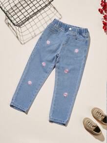 Young Girl Embroidery Elastic Waist Jeans - Light Wash - View 1