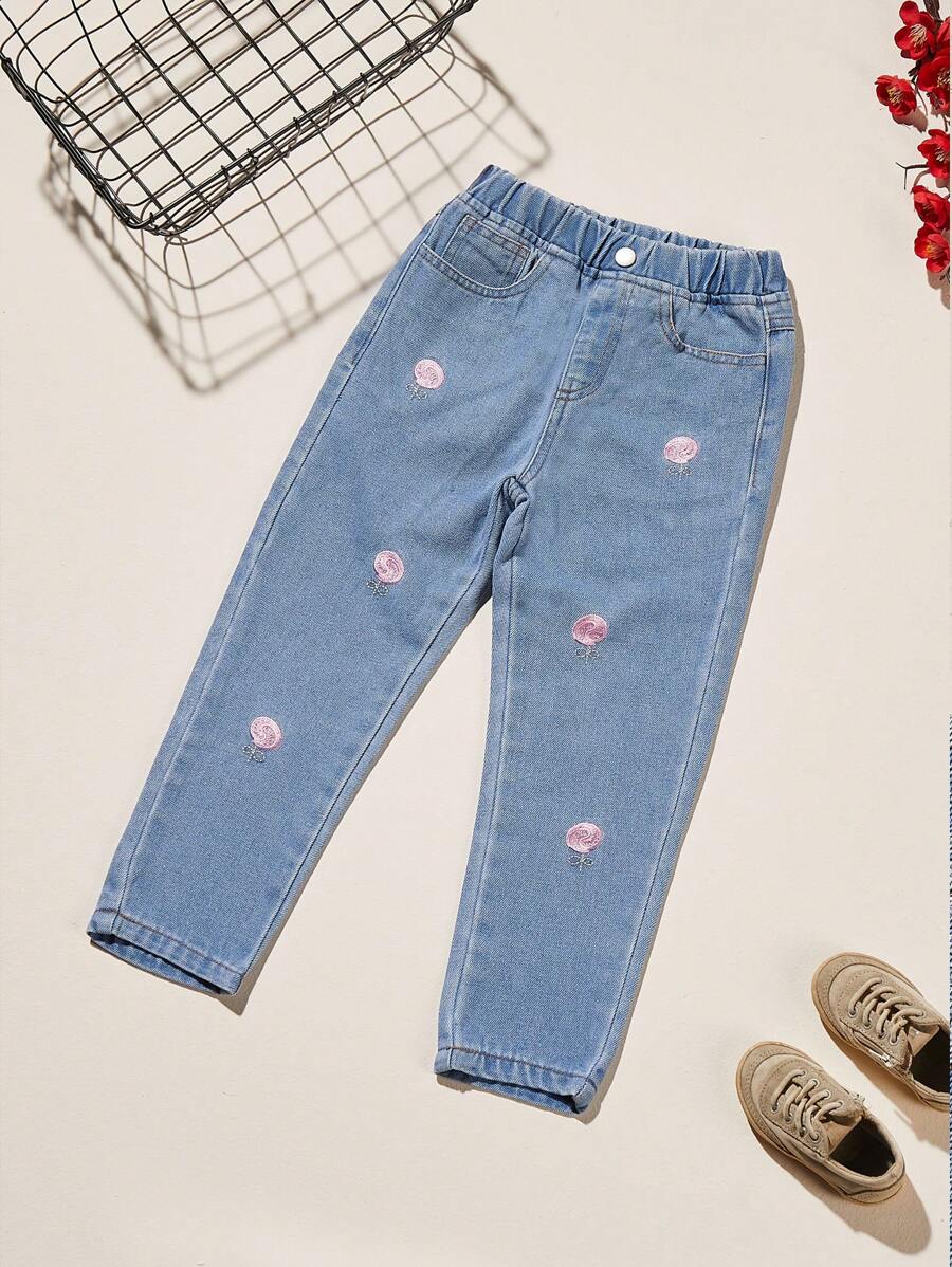 Young Girl Embroidery Elastic Waist Jeans - Light Wash - View 1