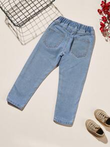 Young Girl Embroidery Elastic Waist Jeans - Light Wash - View 2