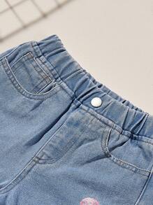 Young Girl Embroidery Elastic Waist Jeans - Light Wash - View 3