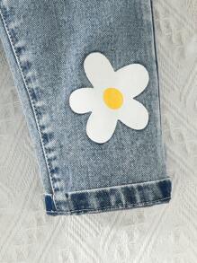 Young Girl Floral Print Denim Overall - Light Wash - View 6