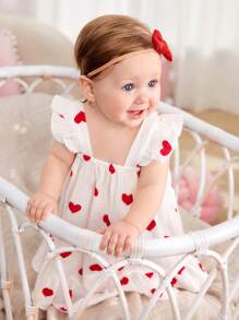 SHEIN Newborn Baby Girl Heart Print Ruffle Trim Dress - White - View 1