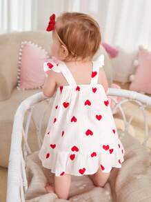 SHEIN Newborn Baby Girl Heart Print Ruffle Trim Dress - White - View 2