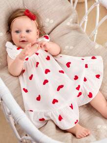 SHEIN Newborn Baby Girl Heart Print Ruffle Trim Dress - White - View 3