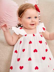 SHEIN Newborn Baby Girl Heart Print Ruffle Trim Dress - White - View 4