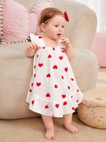 SHEIN Newborn Baby Girl Heart Print Ruffle Trim Dress - White - View 6