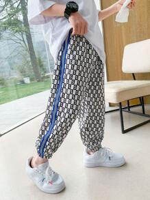 zosee Tween Boy Allover Print Contrast Tape Side Trousers - Black and White - View 1