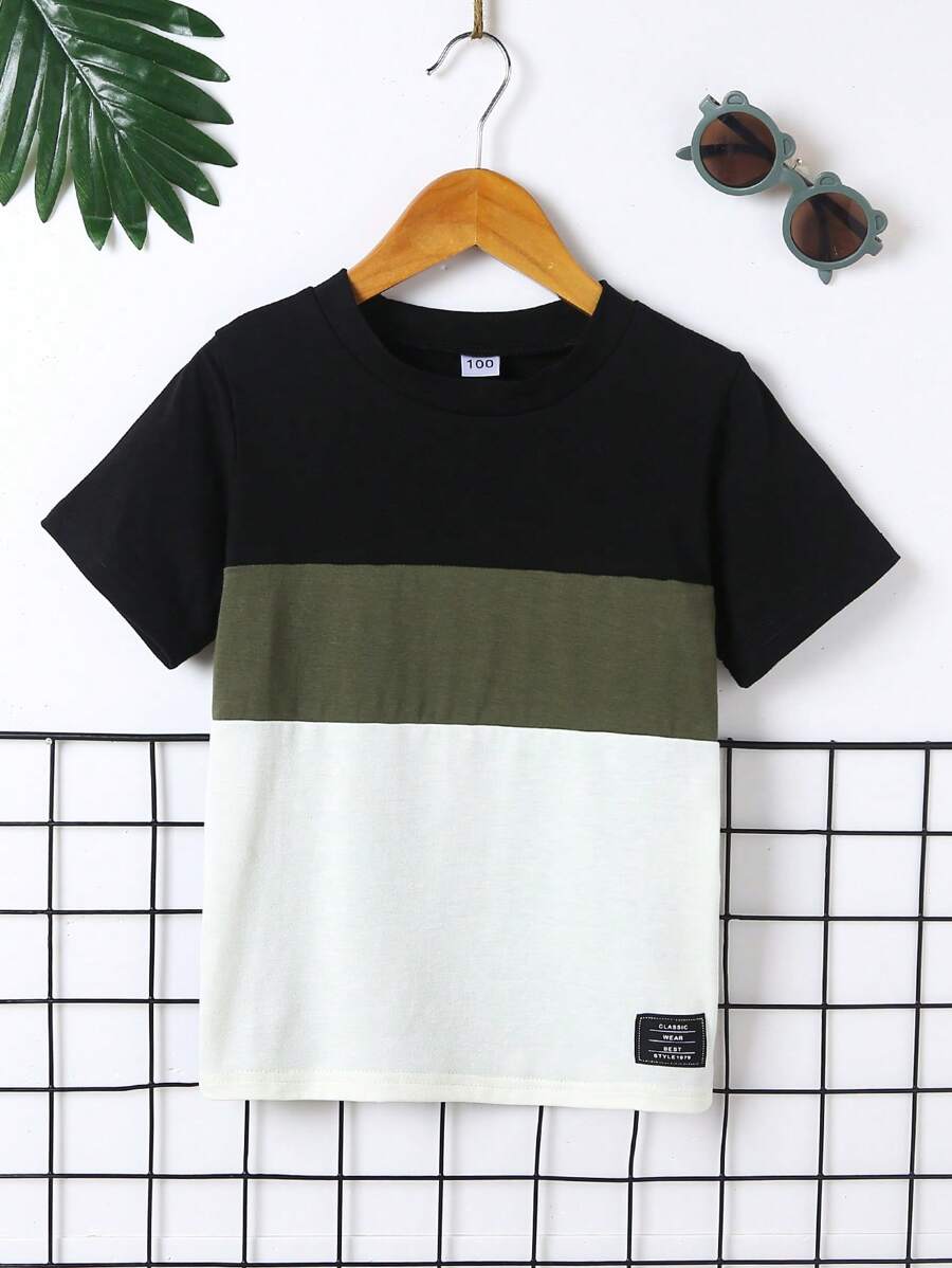 Chico joven Camiseta de color combinado con diseño de parche de letra - Multicolor - Ver 1