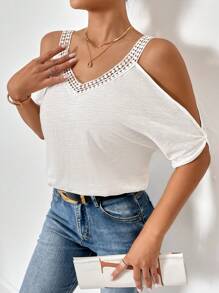 SHEIN Privé Áo thun nữ Tương phản ren màu trơn Giải trí - trắng - Xem 3