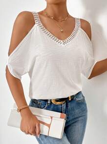 SHEIN Privé Áo thun nữ Tương phản ren màu trơn Giải trí - trắng - Xem 4