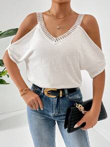 SHEIN Privé Áo thun nữ Tương phản ren màu trơn Giải trí - trắng - Xem 5