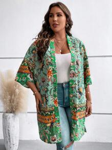 SHEIN LUNE Plus Floral Print Open Front Kimono, For Summer Beach Vacation